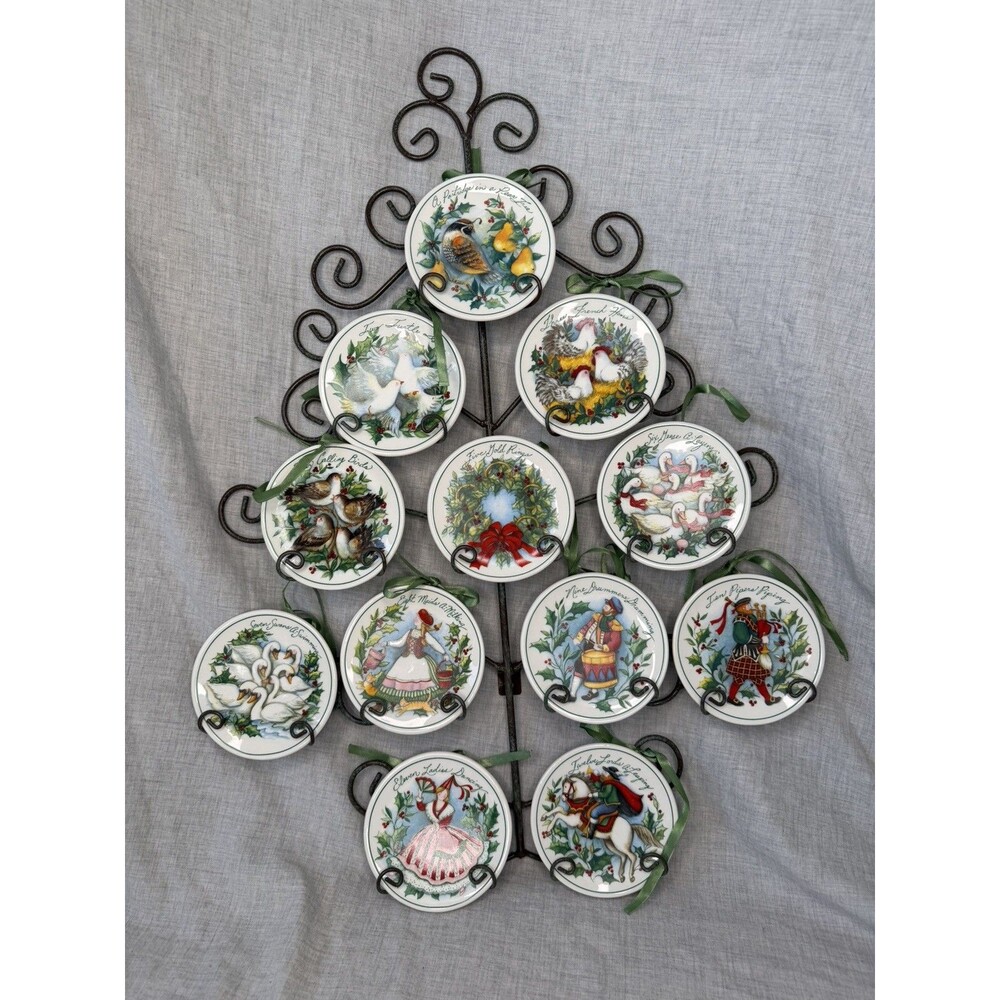 Susan Winget 12 Days of Christmas Plate Ornaments & Metal Tree Display